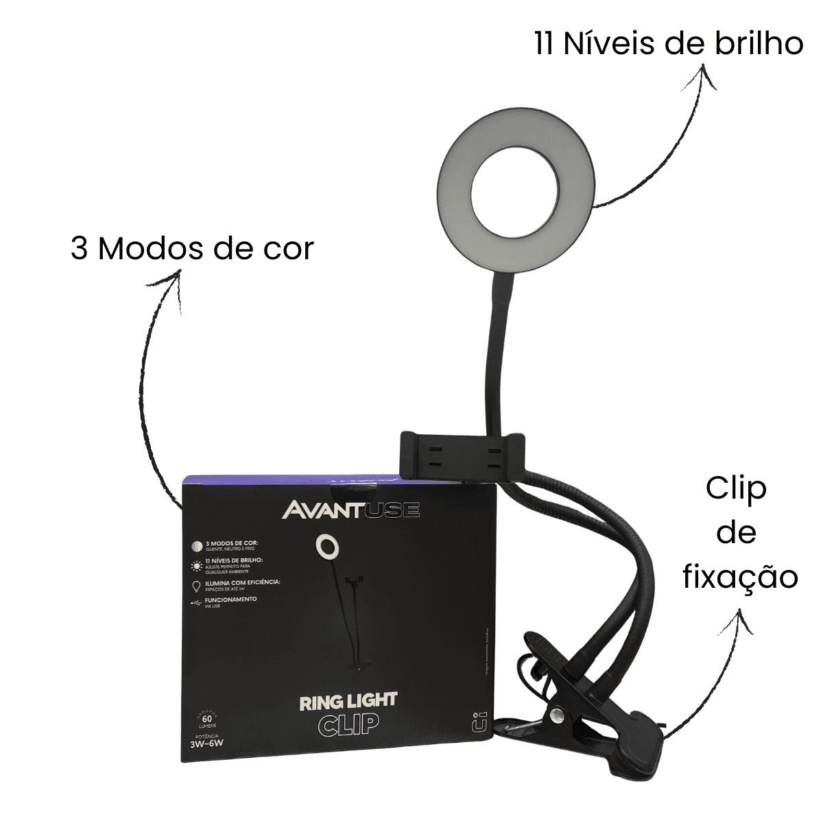 Ring Light Clip 3W/6W USB 3 em 1