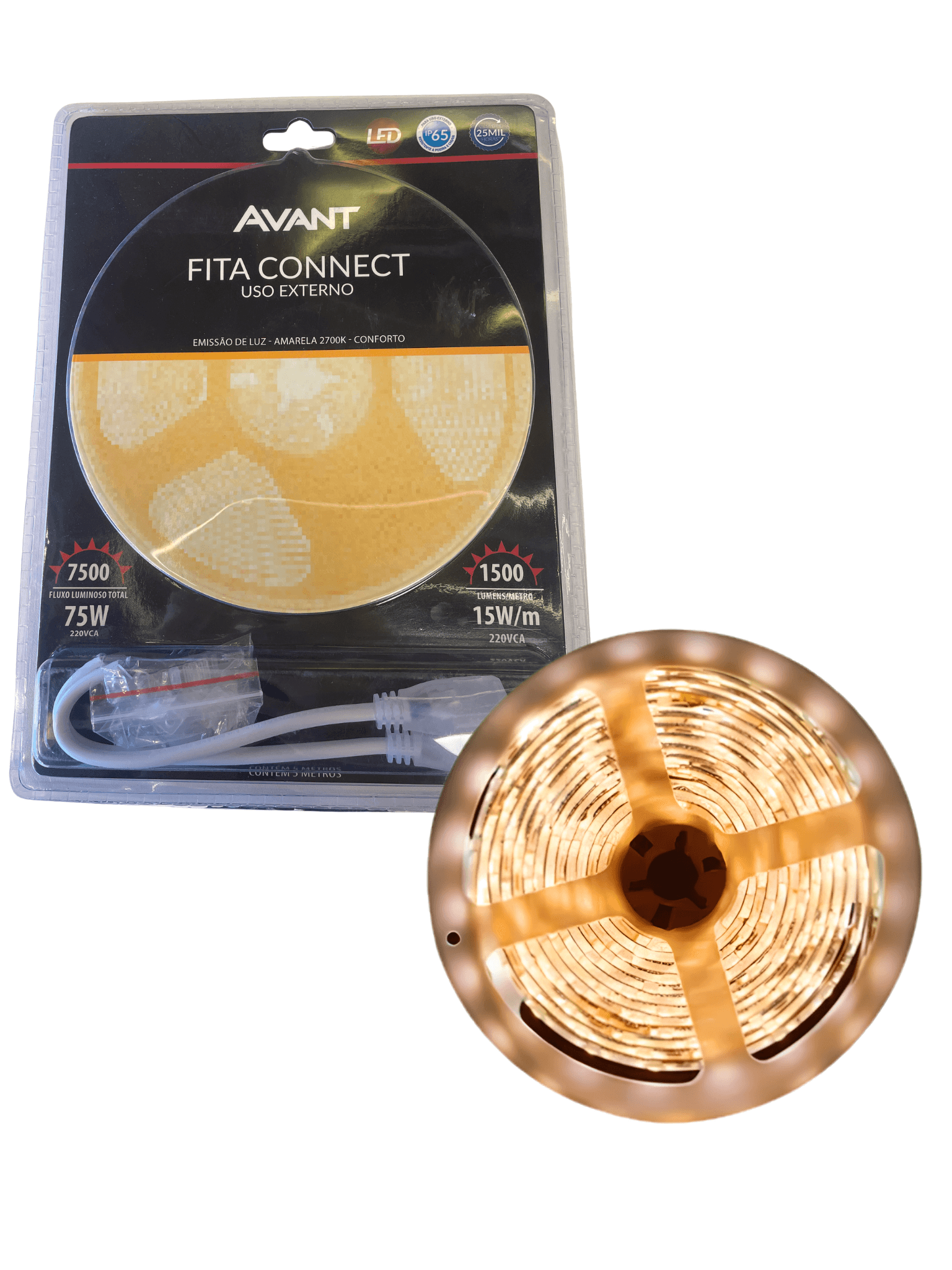 FITA CONECT - 240 LEDS - 15W - 2700K - 5M C/ 2 CABOS E ACABAMENTOS